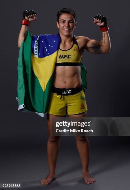 Jessica Andrade of Brazil poses for a portrait backstage after her victory over Tecia Torres during the UFC Fight Night event at Amway Center on...