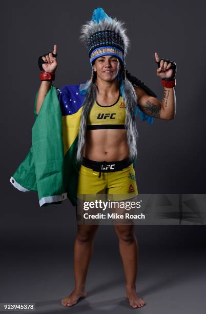 Jessica Andrade of Brazil poses for a portrait backstage after her victory over Tecia Torres during the UFC Fight Night event at Amway Center on...