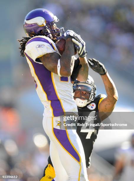 Sidney Rice of the Minnesota Vikings makes a catch as Ike Taylor of the Pittsburgh Steelers defends at Heinz Field on October 25, 2009 in Pittsburgh,...