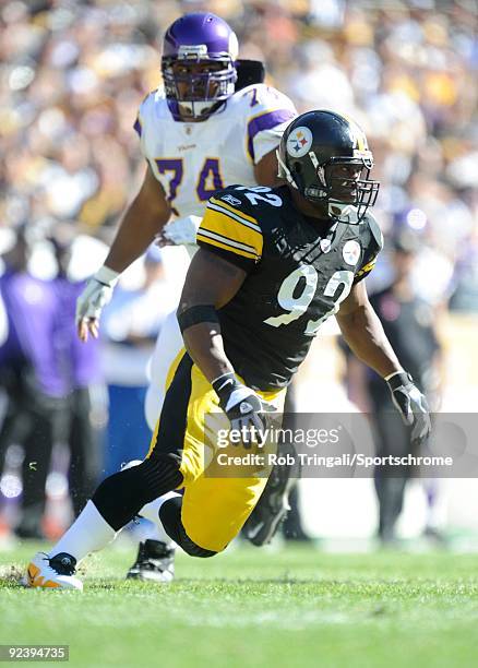 James Harrison of the Pittsburgh Steelers defends against the Minnesota Vikings at Heinz Field on October 25, 2009 in Pittsburgh, Pennsylvania. The...