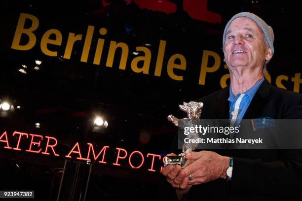 Bill Murray poses with the silver bear after the closing ceremony during the 68th Berlinale International Film Festival Berlin at Berlinale Palast on...