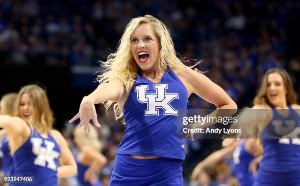 Kentucky Wildcats cheerleaders perform during the game against the Missouri Tigers at Rupp Arena on February 24, 2018 in Lexington, Kentucky.