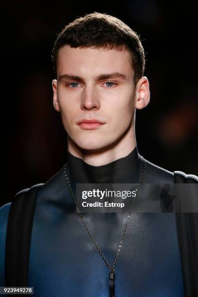 Headshot detail at the Roberto Cavalli show during Milan Fashion Week Fall/Winter 2018/19 on February 23, 2018 in Milan, Italy.