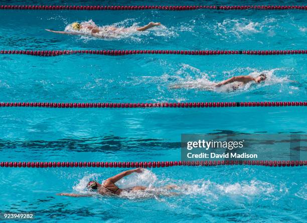 Katie Ledecky of the Stanford Cardinal swims with a significant lead during the 1000 yard Freestyle event of an NCAA PAC-12 Women's swim meet against...