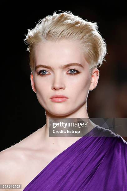 Headshot detail at the Roberto Cavalli show during Milan Fashion Week Fall/Winter 2018/19 on February 23, 2018 in Milan, Italy.