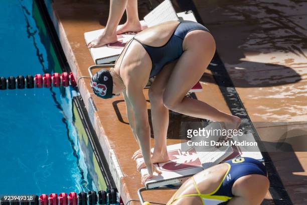 Katie Ledecky of the Stanford Cardinal prepares to start the 500 yard Freestyle event of an NCAA PAC-12 Women's swim meet against the California...