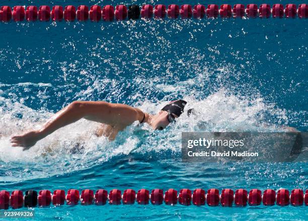 Katie Ledecky of the Stanford Cardinal swims the 500 yard Freestyle event of an NCAA PAC-12 Women's swim meet against the California Golden Bears on...