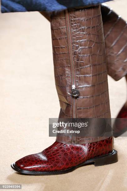 Shoe detail at the Roberto Cavalli show during Milan Fashion Week Fall/Winter 2018/19 on February 23, 2018 in Milan, Italy.