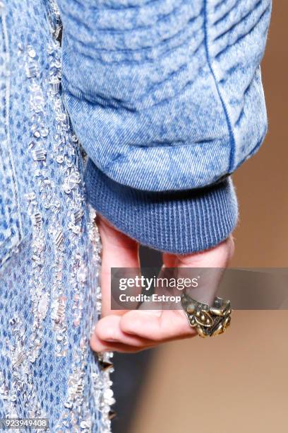 Jewerly detail at the Roberto Cavalli show during Milan Fashion Week Fall/Winter 2018/19 on February 23, 2018 in Milan, Italy.