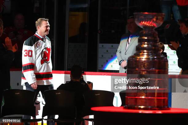 Former New Jersey Devil Martin Brodeur is introduced during Patrik Elias Jersey Retirement Night prior to the National Hockey League Game between the...