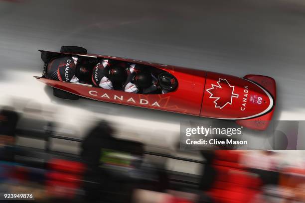 Justin Kripps, Jesse Lumsden, Alexander Kopacz and Oluseyi Smith of Canada make a final run during the 4-man Boblseigh Heats on day sixteen of the...