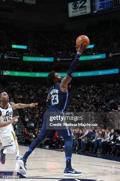 Wesley Matthews of the Dallas Mavericks handles the ball against the Utah Jazz on February 24, 2018 at Vivint Smart Home Arena in Salt Lake City,...