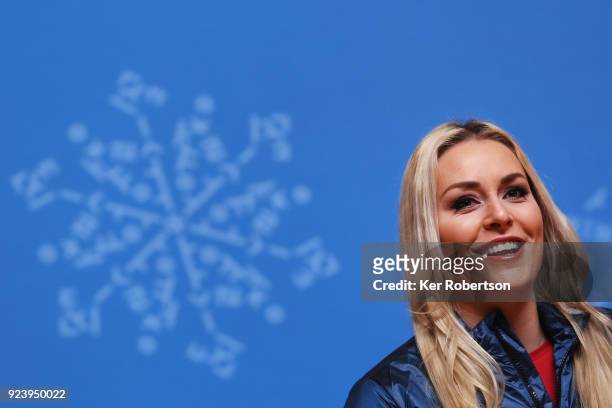 Alpine skier Lindsey Vonn of the United States attends a closing press conference for Team USA on day sixteen of the 2018 PyeongChang Winter Olympic...