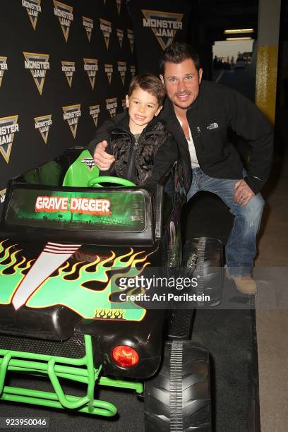 Actor Nick Lachey and son Camden arrive at Monster Jam Celebrity Event at Angel Stadium on February 24, 2018 in Anaheim, California.