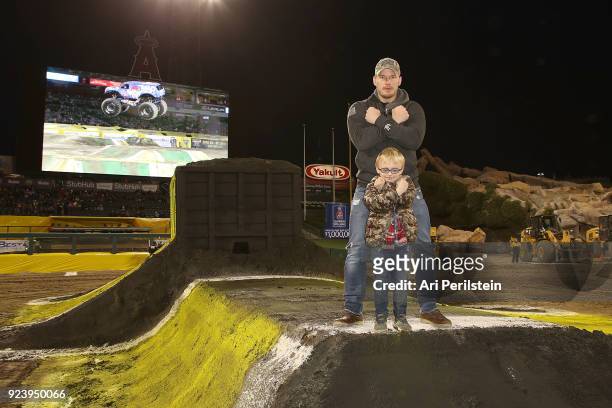 Actor Chris Pratt and his son Jack attends Monster Jam Celebrity Event at Angel Stadium on February 24, 2018 in Anaheim, California.