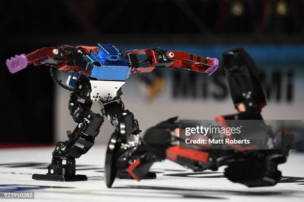 Robots fight during the 32nd ROBO-ONE tournament on February 25, 2018 in Tokyo, Japan. According to the organizer, the ROBO-ONE, held by the Biped...