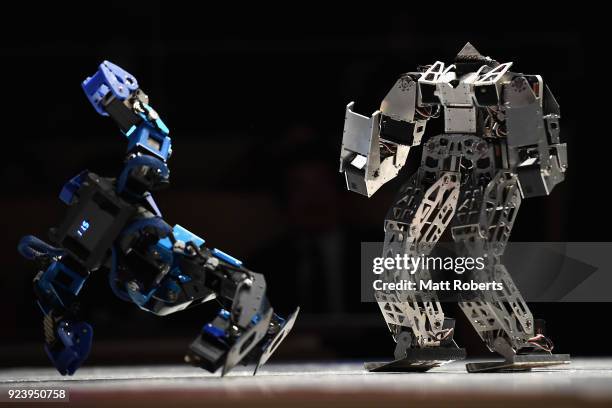 Robots fight during the 32nd ROBO-ONE tournament on February 25, 2018 in Tokyo, Japan. According to the organizer, the ROBO-ONE, held by the Biped...