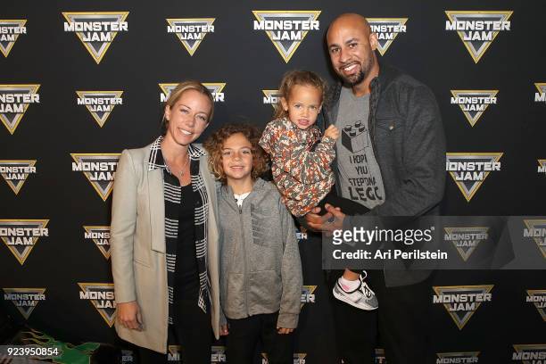 Personality Kendra Wilkinson Baskett, son Hank, daughter Alijah, and Hank Baskett arrive at Monster Jam Celebrity Event at Angel Stadium on February...
