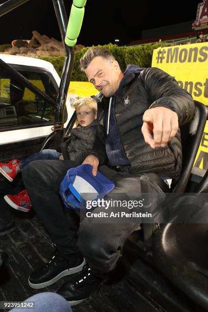 Actor Josh Duhamel and his son Axl attend Monster Jam Celebrity Event at Angel Stadium on February 24, 2018 in Anaheim, California.