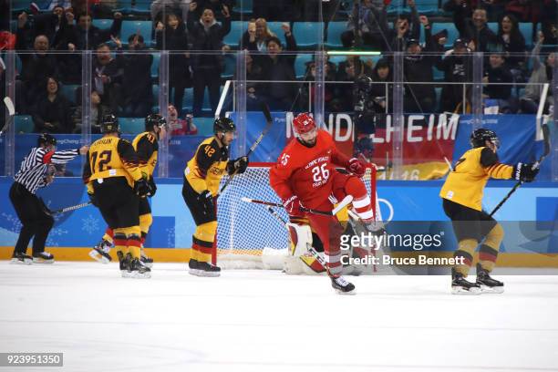 Vyacheslav Voinov of Olympic Athlete from Russia celebrates after scoring a goal in the first period against Germany during the Men's Gold Medal Game...