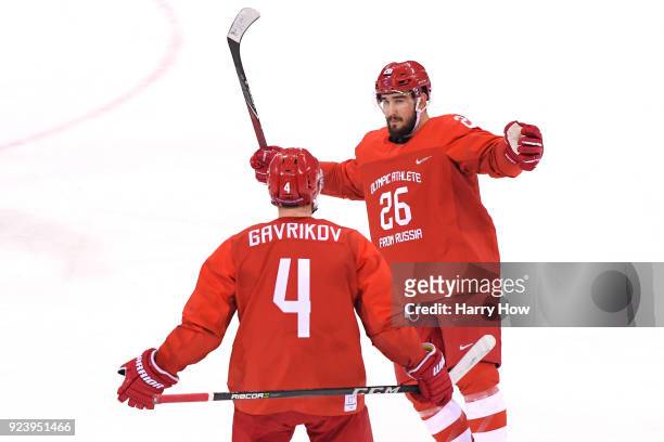 Vyacheslav Voinov of Olympic Athlete from Russia celebrates with Vladislav Gavrikov after a goal in the first period against Germany during the Men's...