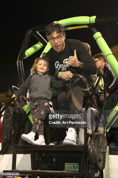 Actor Jaime Camil and his daughter Elena attend at Monster Jam Celebrity Event at Angel Stadium on February 24, 2018 in Anaheim, California.