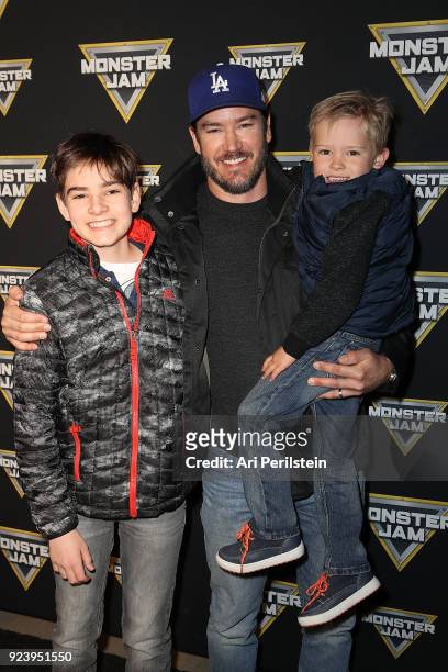 Actor Mark-Paul Gosselaar and his sons Michael and Dekker arrive at Monster Jam Celebrity Event at Angel Stadium on February 24, 2018 in Anaheim,...