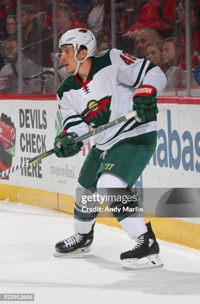 Jared Spurgeon of the Minnesota Wild skates against the New Jersey Devils during the game at Prudential Center on February 22, 2018 in Newark, New...