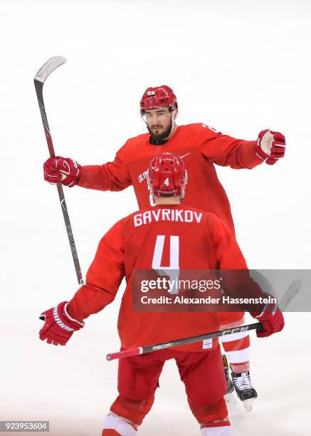 Vyacheslav Voinov of Olympic Athlete from Russia celebrates with Vladislav Gavrikov after a goal in the first period against Germany during the Men's...