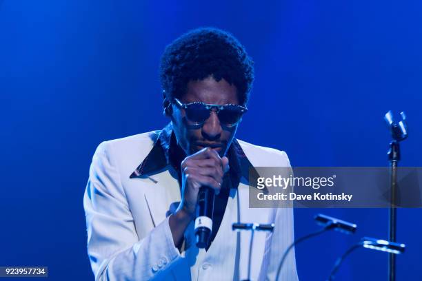 Jon Batiste performs at the Montclair Film 70s Mixtape Party with the Losers Lounge at The Wellmont Theatre on February 24, 2018 in Montclair, New...