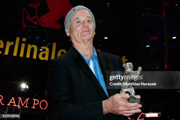 Bill Murray poses with the silver bear after the closing ceremony during the 68th Berlinale International Film Festival Berlin at Berlinale Palast on...