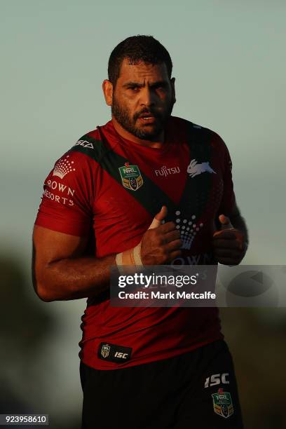 Greg Inglis of the Rabbitohs warms up before the NRL trial match between the South Sydney Rabbitohs and the St George Illawarra Dragons at Glen...