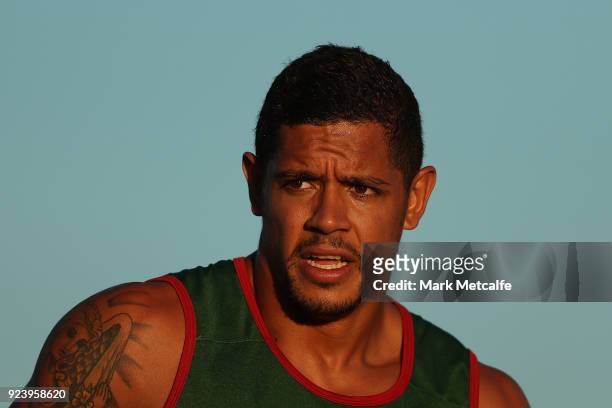 Dane Gagai of the Rabbitohs warms up before the NRL trial match between the South Sydney Rabbitohs and the St George Illawarra Dragons at Glen Willow...