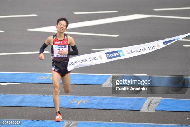 Hiroto Inoue crosses the finish line and takes the 5th place of the 12th Tokyo Marathon in Tokyo, Japan on Sunday, February 25, 2018.