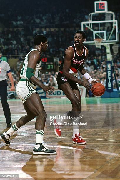 Perry Young of the Portland Trail Blazers moves the ball against Robert Parish of the Boston Celtics during a game played in 1987 at the Boston...