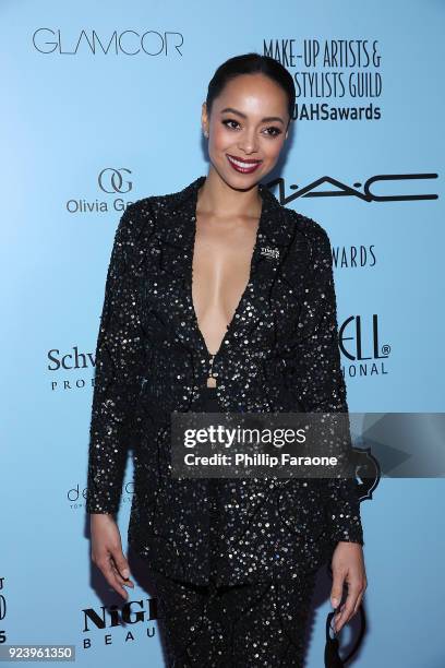 Amber Stevens West attends the 2018 Make-Up Artists and Hair Stylists Guild Awards at The Novo by Microsoft on February 24, 2018 in Los Angeles,...