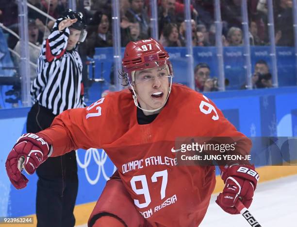Russia's Nikita Gusev celebrates scoring in the men's gold medal ice hockey match between the Olympic Athletes from Russia and Germany during the...