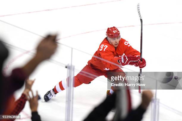 Nikita Gusev of Olympic Athlete from Russia celebrates after scoring the tying goal in the third period against Germany during the Men's Gold Medal...