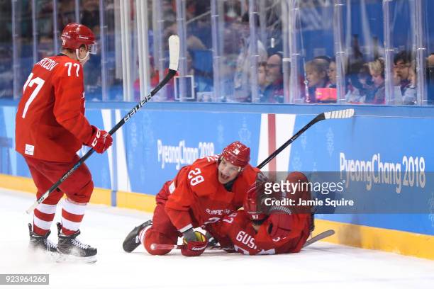 Nikita Gusev of Olympic Athlete from Russia celebrates with Andrei Zubarev after scoring the tying goal in the third period against Germany during...