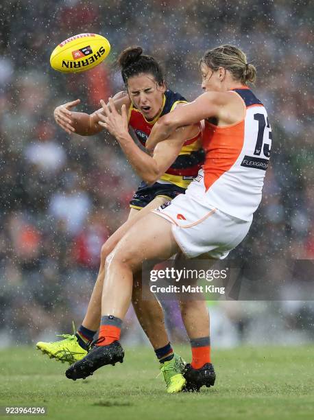 Angela Foley of the Crows is tackled by Cora Staunton of the Giants during the round four AFLW match between the Greater Western Sydney Giants and...