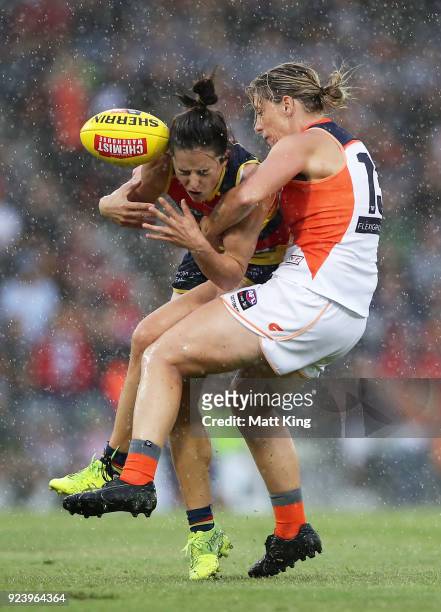 Angela Foley of the Crows is tackled by Cora Staunton of the Giants during the round four AFLW match between the Greater Western Sydney Giants and...