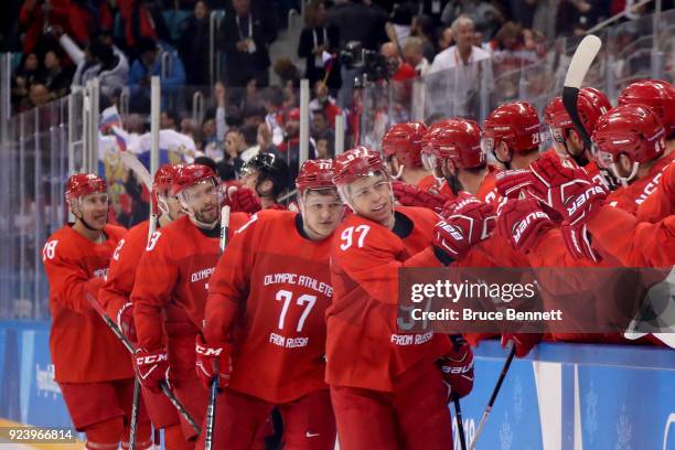 Nikita Gusev of Olympic Athlete from Russia celebrates with teammates after scoring a goal in the third period against Germany during the Men's Gold...