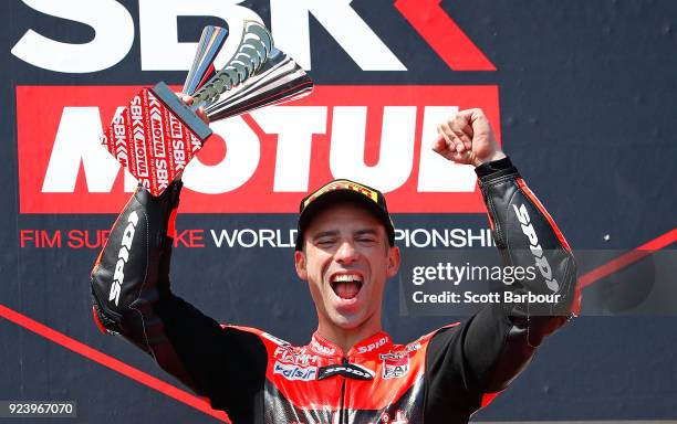 Marco Melandri of Italy and Aruba.it Racing - Ducati celebrates on the podium after winning race 2 in the FIM Superbike World Championship during the...