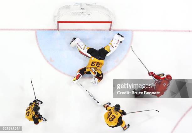 Ilya Kovalchuk of Olympic Athlete from Russia attempts a shot in overtime against Danny Aus Den Birken of Germany during the Men's Gold Medal Game on...
