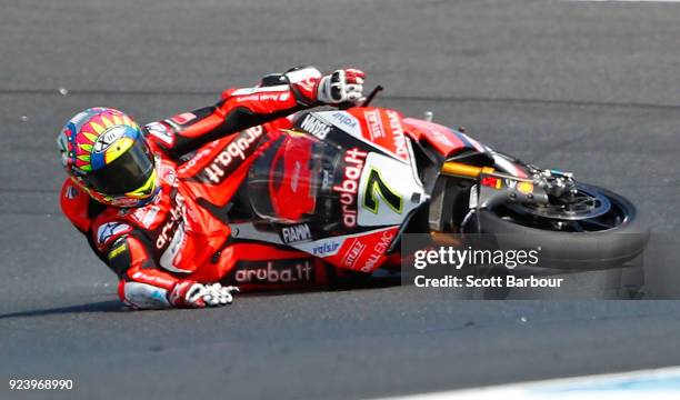 Chaz Davies of Great Britain and Aruba.it Racing - Ducati crashes out on turn 10 during race 2 in the FIM Superbike World Championship during the...