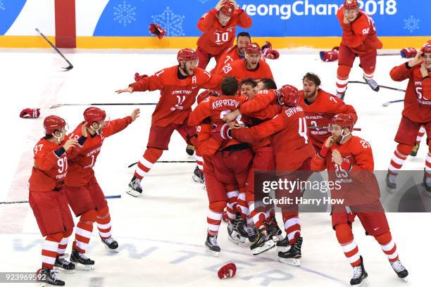 Gold medal winners Olympic Athletes from Russia celebrate after defeating Germany 4-3 in overtime during the Men's Gold Medal Game on day sixteen of...