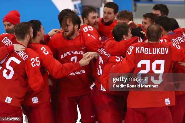 Gold medal winners Olympic Athletes from Russia celebrate after defeating Germany 4-3 in overtime during the Men's Gold Medal Game on day sixteen of...