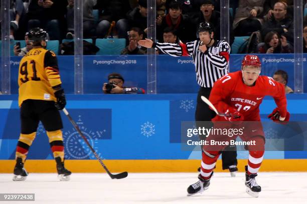 Gold medal winner Kirill Kaprizov of Olympic Athlete from Russia celebrates after scoring a goal in overtime to defeat Germany 4-3 during the Men's...