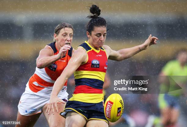 Angela Foley of the Crows is challenged by Cora Staunton of the Giants during the round four AFLW match between the Greater Western Sydney Giants and...