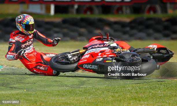 Chaz Davies of Great Britain and Aruba.it Racing - Ducati crashes out on turn 10 during race 2 in the FIM Superbike World Championship during the...